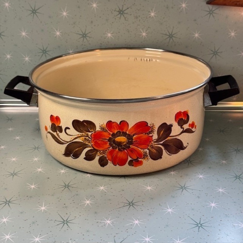 Moneta #24 Enamel Dutch Oven Pot Pan Brown Orange Flower 1970s Italy Retro Boho